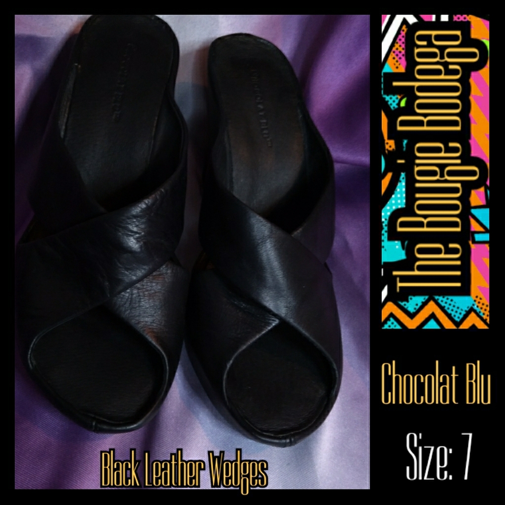 Chocolat Blu Soft Black Leather Wedge Sandals